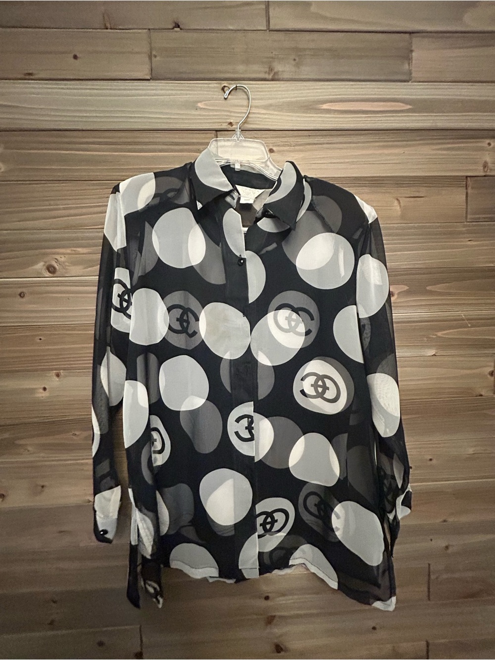 Cache Black and White Polka Dot Button-Up Blouse w/undershirt